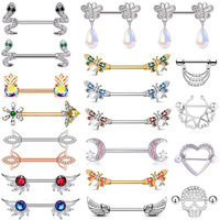 Anneaux de téton et clous de langue en acier inoxydable, style mode euro-américaine, avec strass en cristal et motifs abeille et ailes d'ange, pour mariage/anniversaire