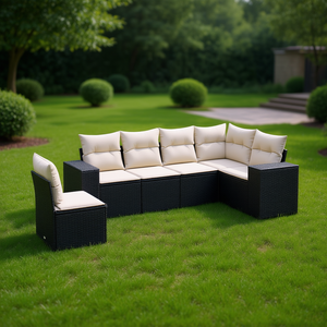 Ensemble de canapés de jardin modernes en rotin noir PE, design modulaire, coussins en mousse haute densité pour terrasse et balcon - Product Image 2