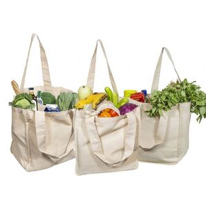 Bolsas de Compras de Lona de Algodón Orgánico Reutilizables con Logotipo Personalizado Impreso al por Mayor, con Bolsillo Interior para Uso en Supermercados - Product Image 1