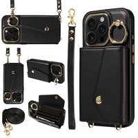 Étui de téléphone portable à bandoulière accordéon pour iPhone 16 Pro, portefeuille 7 cartes, blocage RFID, support anneau antichoc, protection 360°