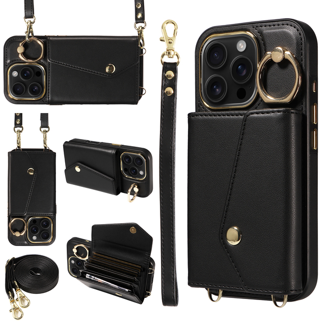 Accordion Crossbody Mobile Phone Case for iPhone 16 Pro, 7 Cards Wallet, RFID Blocking, Shockproof Ring Stand, 360 Protection