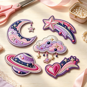 Ensemble de patchs brodés Cosmic Candy, motif lune, étoile, planète, cœur, nuage, rose, violet, pastel, thème féerique, applique décorative - Product Image 3