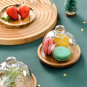 热卖圆形甜点展示架木板杯玻璃圆顶食品木板盘