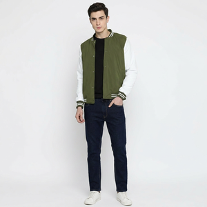 Custom Cotton Varsity <b>Man</b> <b>Jackets</b> Winter Stand Collar Breathable Front Logo Blank <b>Long</b> Sleeve Green White OEM Service - Product Image 1