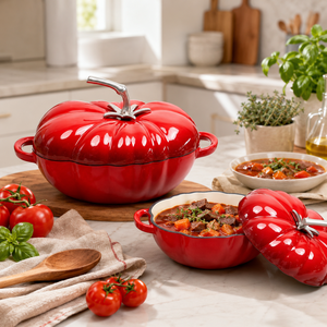 Vente en gros de cocottes en fonte émaillée personnalisées de 27 cm, grande capacité, en forme de tomate, résistantes au four, multifonctionnelles pour Thanksgiving - Product Image 1