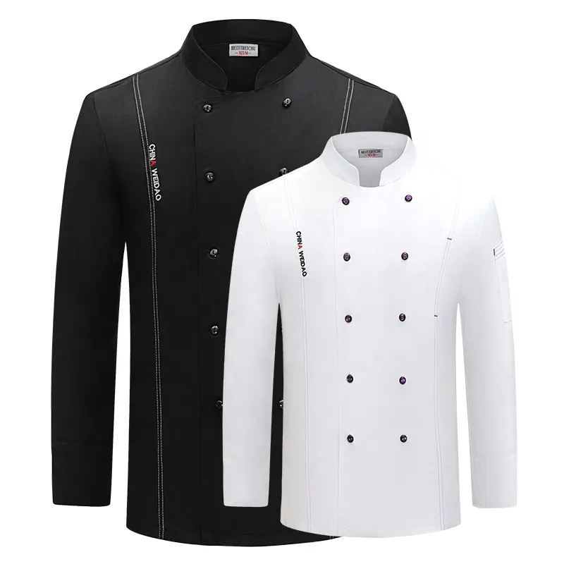 Uniforme de chef de hotel/restaurante de algodón de poliéster blanco chaqueta de tela de sarga personalizada/chaqueta de chef de manga larga