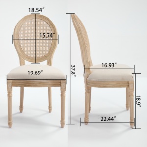 طقم كراسي طعام بتصميم فرنسي من الخشب الصلب مع ظهر من الروطان وقماش الكتان باللون البيج (قطعتان) - Product Image 6