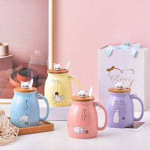 Vendita calda Cat in ceramica tazze da caffè con coperchio di bambù carino con disegno di cartone animato tazza di porcellana per latte caffè promozionale tazza con cucchiaio - Product Image 1