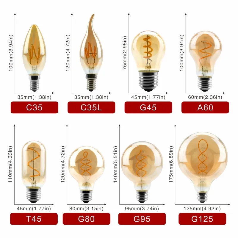 E14 E27 rétro LED Spiral Filament ampoule 4W jaune chaud 220V C35 A60 T45 ST64 T185 T225 G80 G95 G125 lampe Edison Vintage