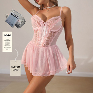 Best-selling Mesh Hollow Bow Lace Halter Sexy Transparent Dress Set for <b>Women</b> With Sexy Lace Bra & Underwear - Product Image 1