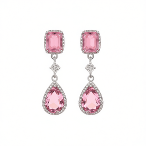 Boucles d'oreilles pendantes roses E3038 avec cristaux taillés en forme de poire et sertissage clos pour femme, style romantique, bijoux de mode pour soirée - Product Image 1