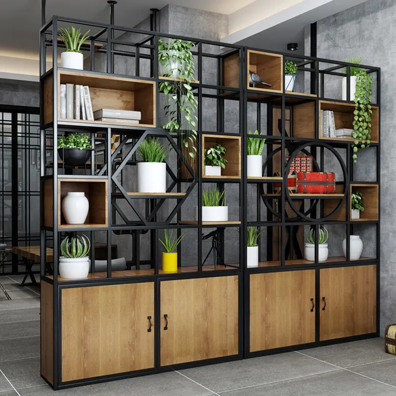 ディスプレイ大型シャワー植物アート収納キャビネット木製鉄フレームブックラックデザイン本棚