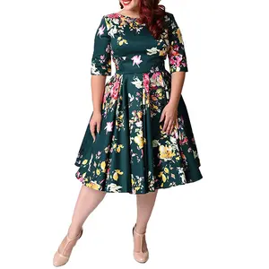 유럽 및 미국 플러스 사이즈 여성용 라운드 넥 미드 슬리브 프린트 대형 스윙 A 라인 드레스