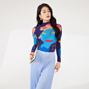 レディース高品質ストレッチプリント長袖トップス　オリジナルプリーツTシャツ　カジュアルスタイル花柄春夏 - Product Image 3