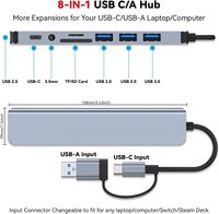 SYONG Hochgeschwindigkeits-USB-C-Hub 3.0 USB-Splitter 8-in-1-USB-Extender mit 4 USB-Anschlüssen, 3,5-mm-Aux-Anschluss und Plug-and-Play-SD/TF-Kartenleser