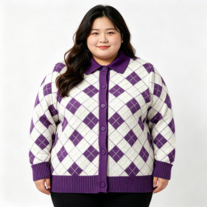 Maglione Jacquard da <span class=keywords><strong>Donna</strong></span> a Maniche Lunghe con Colletto Rovesciato e Bottoni Bianchi e <span class=keywords><strong>Viola</strong></span>, Personalizzabile OEM ODM - Product Image 1