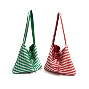 Hot Recycle Custom High Quality Reusable Shoulder Shopping Tote Printed Stripe Cotton Fabric Bag With Logo - Product Image 1