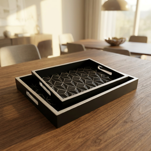 Ensemble de 2 plateaux rectangulaires en similicuir, plateau rectangulaire en bois MDF noir, motif géométrique, décoration moderne - Product Image 2