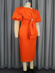AM050114 estate manica corta a sbuffo grande fiocco aderente arancione Midi donna abito <span class=keywords><strong>da</strong></span> sera formale elegante - Product Image 4