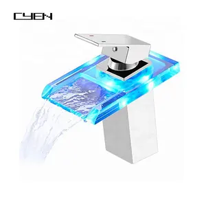 CYEN Chrome Lavatory Glass Spout Bathtub Vanity Sink Basin Waterfall Bathroom Faucet LED light basin faucet