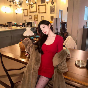 U Neck Long Sleeve Bodycon Dress Tight Waist Solid Color Party Casual Dress Light Gray Black Red YX-9169 - Product Image 2
