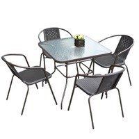 Ensemble de jardin trois pièces moderne et minimaliste en fer, acier, rotin PE et verre trempé pour l'extérieur, idéal pour les jeux d'échecs et de cartes dans la cour