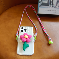 Clip arrière de téléphone portable matériel PC avec fleur transparente corde suspendue télescopique chaîne de téléphone portable