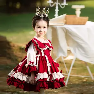 Baige New Fashion Kids Long Sleeve Layered Bow Knot Dresses Children Winter Red Ruffle Dress Boutique Girl Princess Lolita Dress