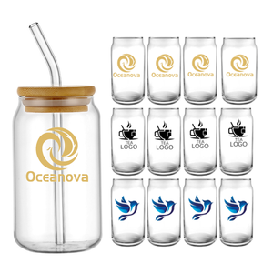 Vaso de Cerveza de Borosilicato de 16 oz con Logotipo Personalizado, en Forma de Lata, para Té, con Tapa de Bambú y Pajita de Vidrio - Product Image 1