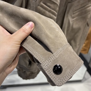 Blouson aviateur vintage en daim gris clair, coupe ample rétro, veste en cuir pour <span class=keywords><strong>femme</strong></span> avec plusieurs poches - Product Image 3