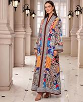 Abaya ample à manches longues en polyester respirant, col en V, avec strass et imprimé patchwork ethnique, robe musulmane