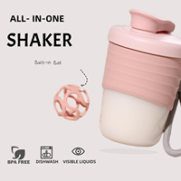 Bouteille shaker à protéines avec logo personnalisé, rose, 14 oz, anti-fuite, avec poignée en silicone antidérapante, boule de mélange, sangle en nylon détachable