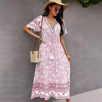 Robe de style ethnique à fleurs teintées, col en V, taille S-2XL, robe de plage estivale, style bohème