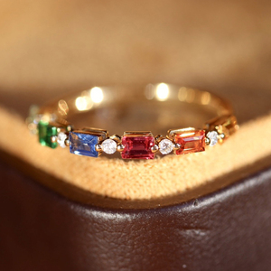 อาซูโอ 18K โซลิดเยลโลว์โกลด์ เรนโบว์ไลน์แหวนค็อกเทลแซฟไฟร์ธรรมชาติเจ้าหญิงคัทเพชรแท้ของขวัญนางฟ้าสำหรับสุภาพสตรี AU750 - Product Image 2