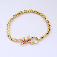 Bracelet élastique BC1605 avec perles dorées de 4 mm, pavé de zircone cubique, motifs animaux (alligator, crabe, homard, hippocampe, poisson)