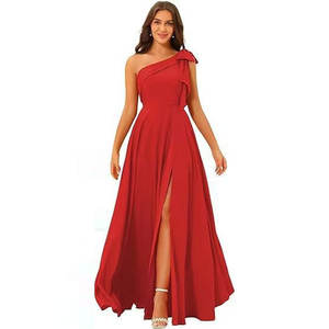 अनुकूलित महिलाओं के सुंदर विशेष एक कंधे सटिन दुल्हन के साथ धनुष लंबे औपचारिक कपड़े के साथ धनुष लंबे औपचारिक कपड़े - Product Image 1