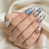 Faux Ongles à Presser Personnalisés en Gros, Étiquette Privée, Forme Amande, Effet Œil de Chat Bleu, Fleur 3D, Strass Dorés, Brillants