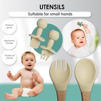 Ensemble d'alimentation pour bébé en silicone, assiette à ventouse anti-déversement, bol, bavoir, cuillères et fourchettes en silicone et bois, tasse à bec, ustensiles d'alimentation pour bébé