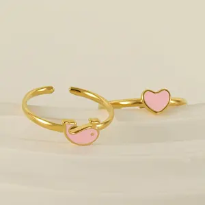 Cute Fashion Aço Inoxidável Banhado A Ouro Rosa Esmalte Pequeno Baleia Golfinho Coração Aberto Adjsuatable Finger Ring Jóias para As Mulheres