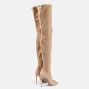 Bottes d'été occidentales pour femmes, montantes jusqu'à la cuisse, à fermeture éclair latérale, en daim, au-dessus du genou, à bout carré ouvert, à talons hauts et aiguille - Product Image 3