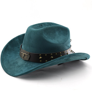 Sombrero de vaquero de gamuza ZhenXi con copa cónica, color sólido, estilo occidental para hombres y mujeres, sombrero de fieltro con banda de cuero y tachuelas. - Product Image 3