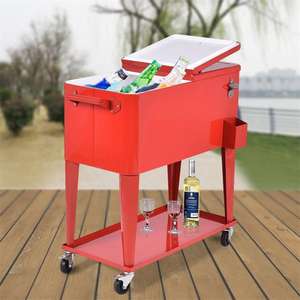 80 QT al aire libre de Metal Patio Rolling Drink Cooler Red PC Beer Chest Cart abrebotellas bandeja de captura rectangular bebidas tinas para - Product Image 1