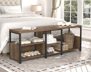 Rustic <strong>Oak</strong> L-Shaped Convertible <strong>Storage</strong> <strong>Bench</strong> Adjustable Wooden Metal Shoe <strong>Bench</strong> for Bedroom Home Use - Product Image 1