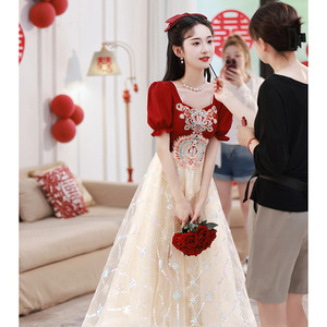 Red Wedding Dress Empire Waist Sweetheart Neckline Ball Gown Long Mesh Contrast Color 3D Patterns Engagement Evening Gown - Product Image 1