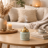 Porte-encens en marbre écologique, brûleur de Bakhoor en pierre naturelle Mubkhar avec couvercle métallique pour la maison ou comme cadeau