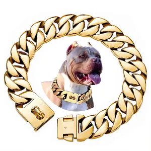 32mm Engraved 18K Gold Metal Plated Strong Heavy Duty Stainless Steel Cuban Link Dog Gold Choke Chain Collar