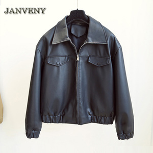 JANVENY-abrigo de cuero suave suelto para <span class=keywords><strong>mujer</strong></span>, <span class=keywords><strong>chaqueta</strong></span> de béisbol de cuero sintético con solapa de manga larga y bolsillos grandes, primavera y otoño, 2023 - Product Image 5