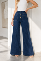Jean évasé taille haute bleu foncé pour femme, coupe large, tendance, avec plusieurs boutons, en denim délavé style vintage