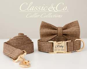 Collar de Perro Personalizado de Terciopelo Marrón Sólido con Lazo, Juego de Correa con Nombre Grabado, Hebilla Metálica, Regalo de Cumpleaños para Cachorro - Product Image 3