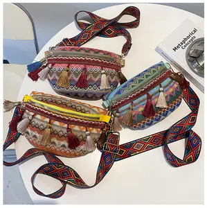Женские поясные сумки в народном стиле с регулируемым ремешком, разноцветная забавная сумка с бахромой и декором